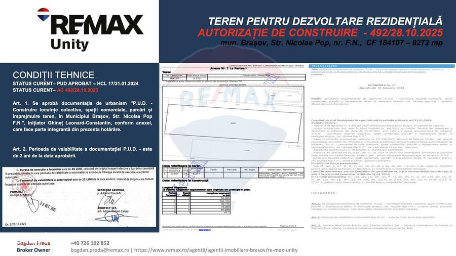 Teren dezvoltare reziden?iala 8,272mp Brasov / Strada Nicolae Pop/ AC - 7
