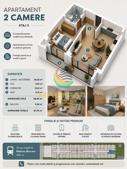 Vânzare Apartament 2 camere 58 mp - Popești Leordeni | Metrou Berceni - 1