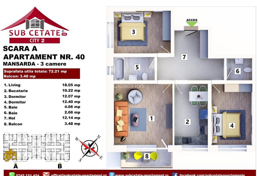 Apartament cu 3 camere decomandat 72 mp + balcon