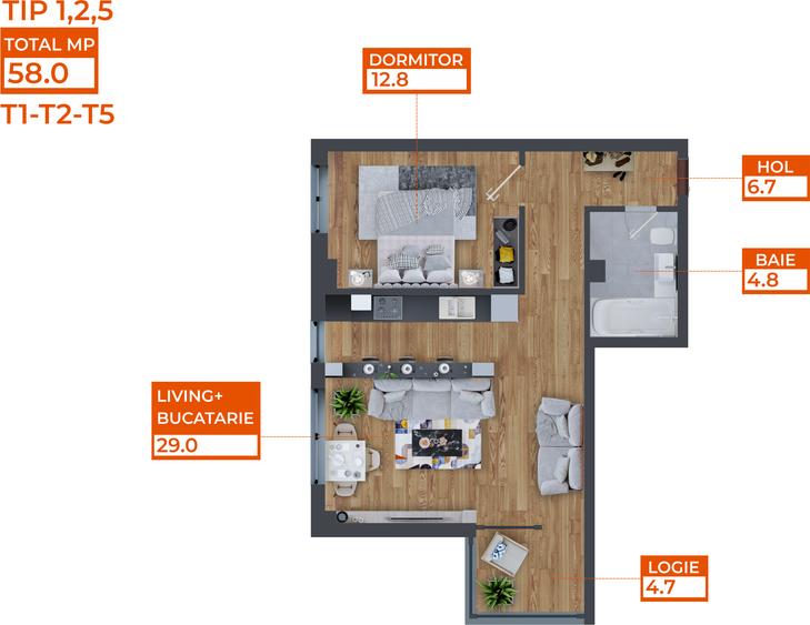 Ap 2 Camere | TIP 6 | 58 mp | Finalizat | Complex Comat Towers - 5