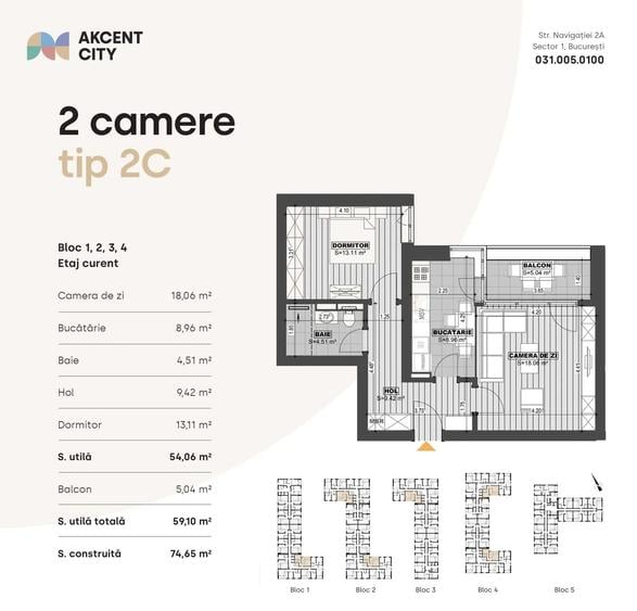 Apartament cu 2 camere în Bucureștii Noi