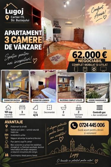 Apartament cu 3 camere decomandat în Central