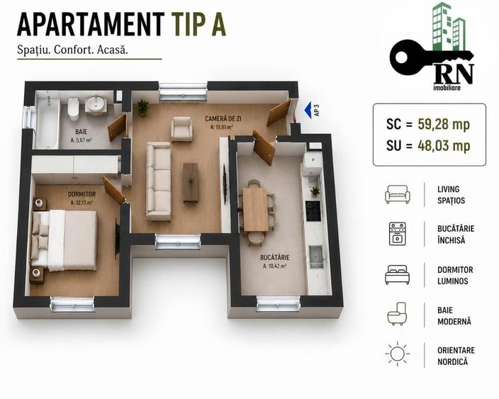 Apartament cu 3 camere în Central