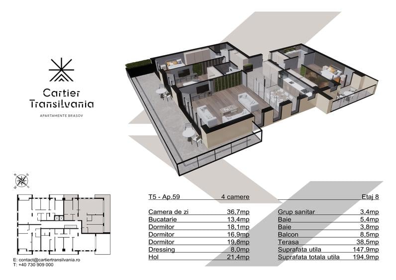 Apartament cu 4 camere decomandat în Noua