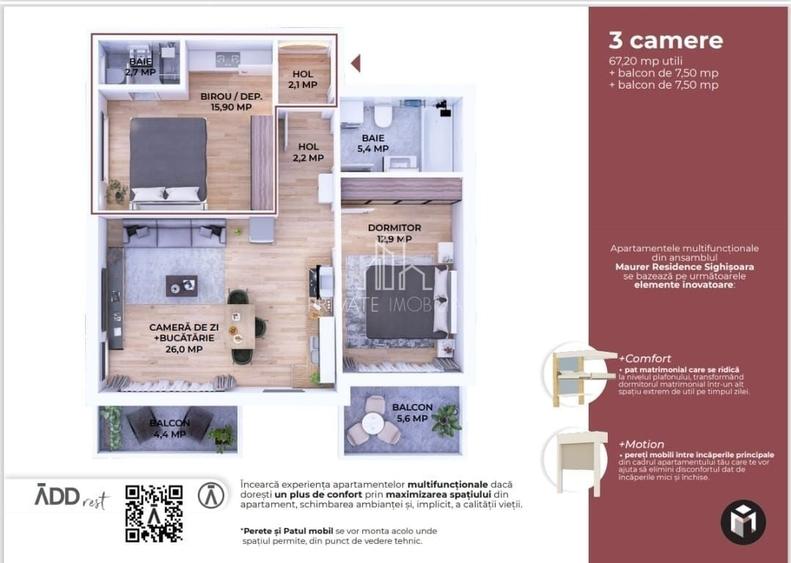 Apartament cu 3 camere decomandat în Est