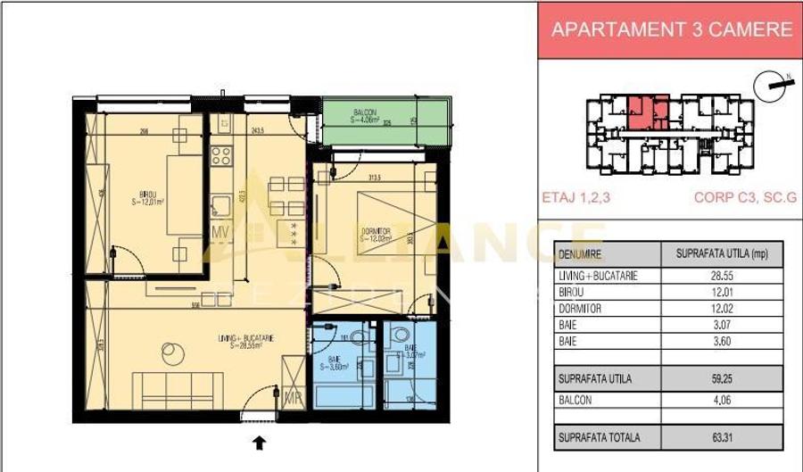 Apartament cu 3 camere semidecomandat în Central