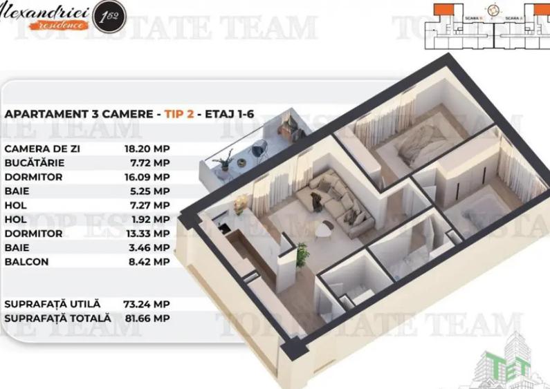 Apartament cu 3 camere semidecomandat în Rahova
