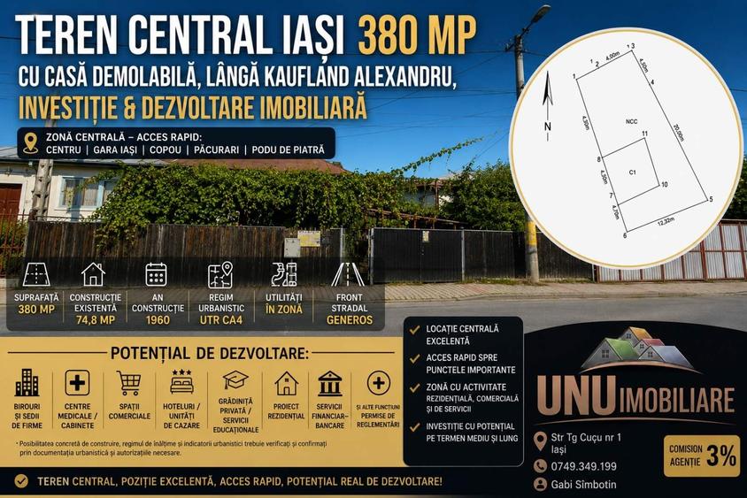 Teren Construcții intravilan de 380 mp, în Centru Civic