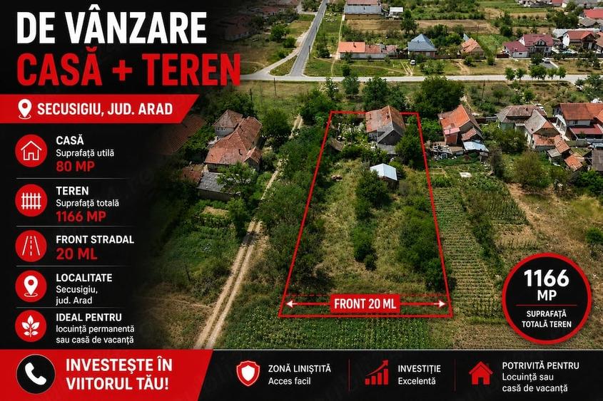 Casă cu 2 camere cu Teren 1166 Mp în Secusigiu