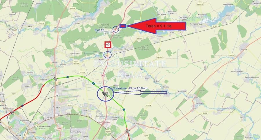Teren 9Ha -> 16Ha Ha Intravilan , Exit A3 Snagov Ghermanesti Bucuresti-Ploiesti - 10