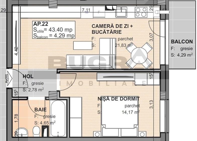 Apartament 2 camere, 44 mp, parcare, semifinisat, Omnia Residence - 1