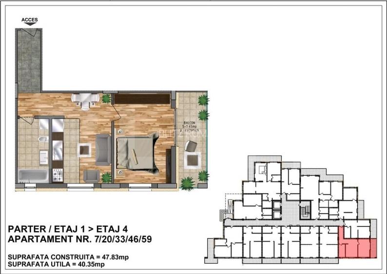 Apartament de vanzare 40,35 + terasa 7,45 - bloc nou, zona Aurel Vlaicu