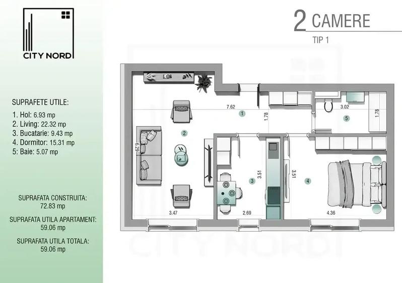 Apartament 2 camere -Parter- Izolatie Premium - City Nord 1 Decembrie - 7
