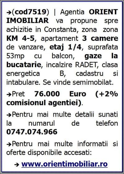 Km 4-5, apartament 3 camere, etaj 1, gaze, vanzari Constanta - 4