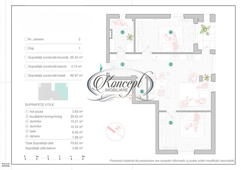 Apartament cu 3 camere semidecomandat în Iris