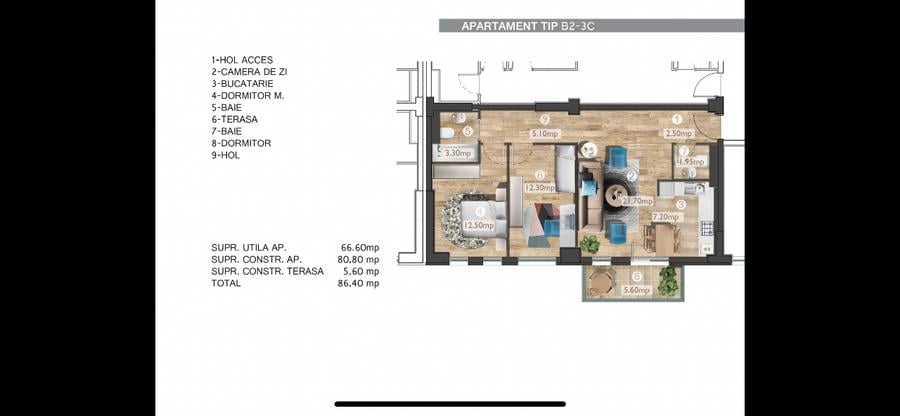 Apartament cu 3 camere, mobilat în Aviației