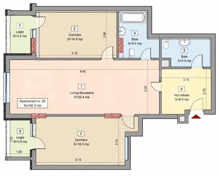 Apartament 3 camere, 82.30 mp, 2 bai, 2 balcone, CF, parcare, boxa, Zona Vivo - 2