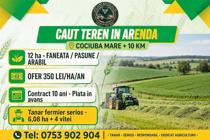 Buna ziua! Caut 12 ha teren in arenda in Cociuba Mare + 10 km (Che?a, Carasau, Tinca, etc.) Fanet