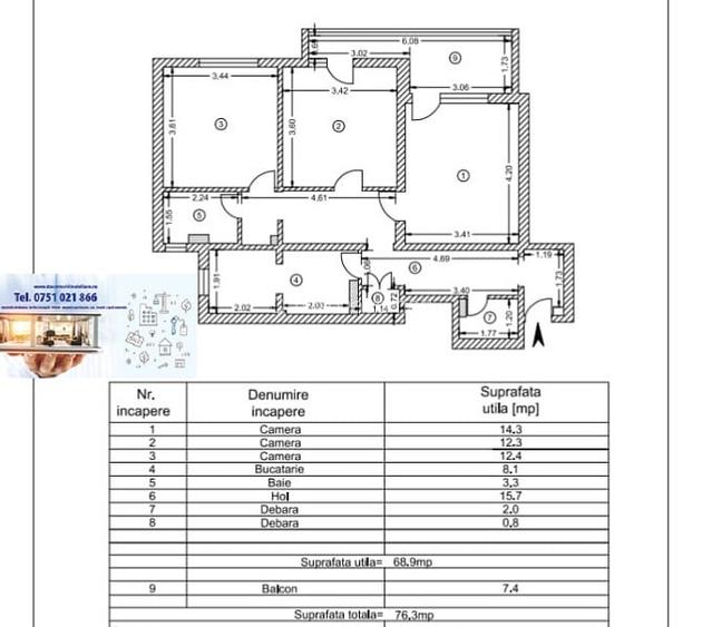 Apartament cu 3 camere, Micro 14, 76mp