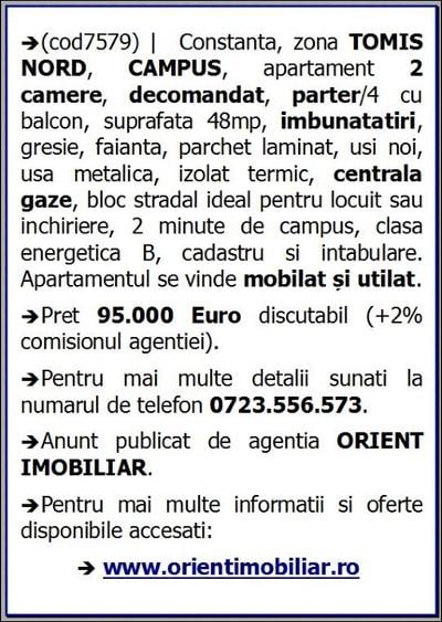 Tomis Nord, Campus, decomandat, 2 camere, parter, gaze, mobilat - 4