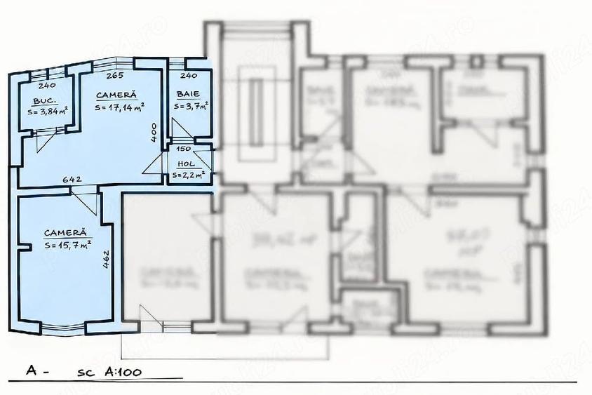 Apartament cu 2 camere semidecomandat în Exterior Vest