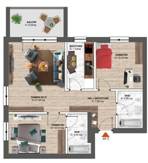 Apartament cu 3 camere în Nord
