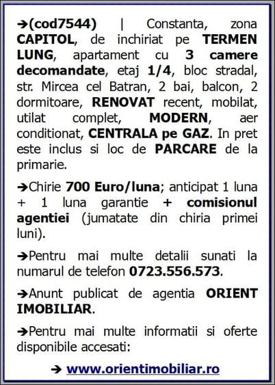 Capitol, decomandat, 3 camere, mobilat, gaze, etaj 1, inchirieri Constanta - 10