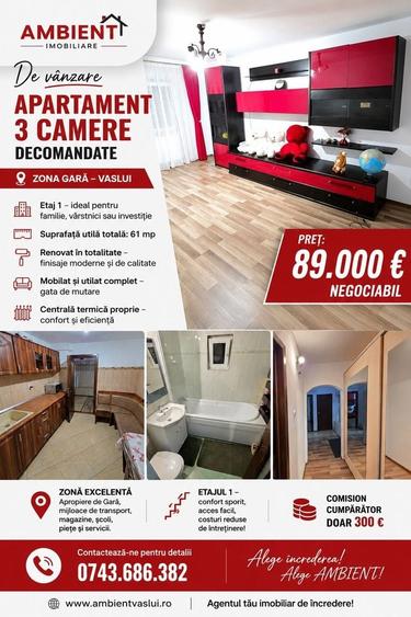 Apartament 3 camere, etaj 1, mobilat și utilat, zona GARĂ; - 11