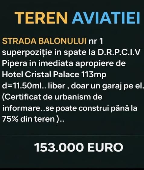 Teren Construcții intravilan de 113 mp, în Aviației