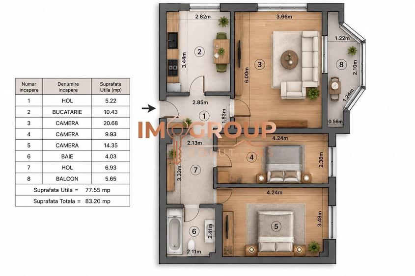 Apartament cu 3 camere decomandat în Nicolina