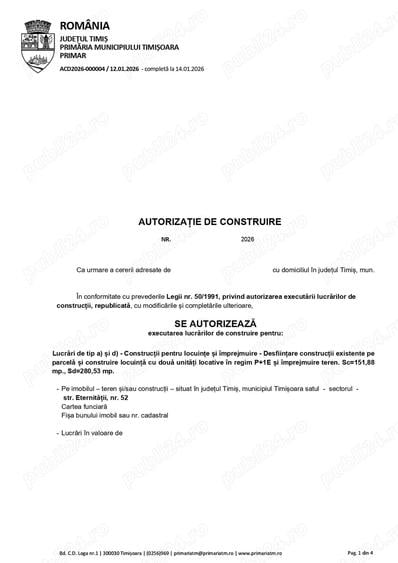 Vand teren intravilan in Timi?oara, Str. Eternita?ii nr. 52, cu AUTORIZA?IE DE CONSTRUIRE emisa pent - 7