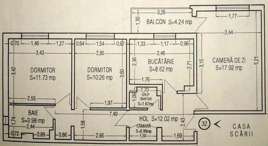 Apartament cu 3 camere decomandat în Central