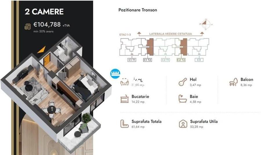 Apartament 2 camere,61.64 mp,bloc nou,zona Nicolina Selgros - 2