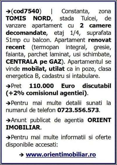 Tomis Nord, Tulcei, decomandat, 2 camere, etaj 1, gaze, mobilat - 8