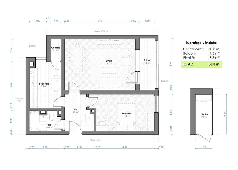 Apartament cu 2 camere decomandat în Sud
