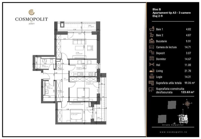 Zenit - 3 camere, etaj 2, bloc B - 7