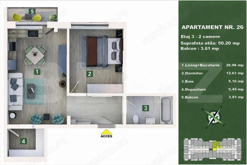 Apartament 2 camere, living cu bucatarie open space, balcon 50 mp utili - 1