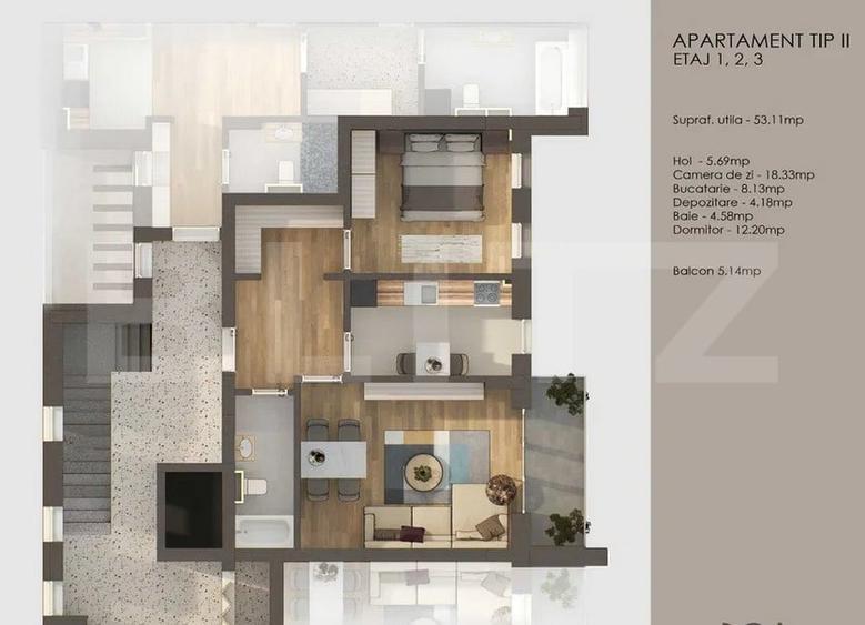 Apartament 2 camere, decomandat + balcon 5 mp , Tractorul - 4