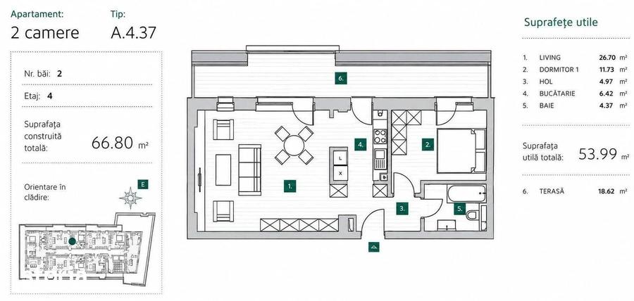 Apartament 2 Camere | Balcon 18,62 mp | Zona Centrala - 1