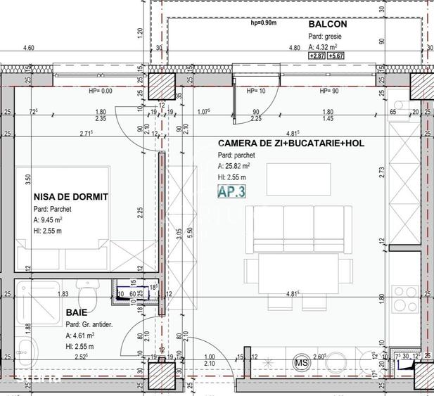 Apartament cu 2 camere semidecomandat în Baciu