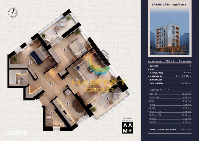 Apartament cu 3 camere în Tineretului
