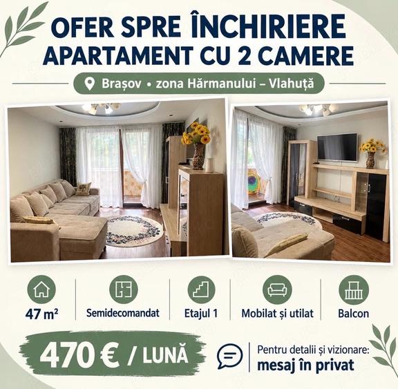Apartament cu 2 camere semidecomandat în Hărmanului