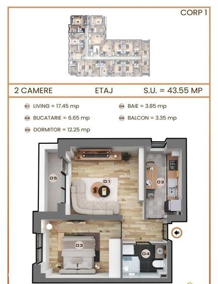 Apartament cu 2 camere în Tineretului