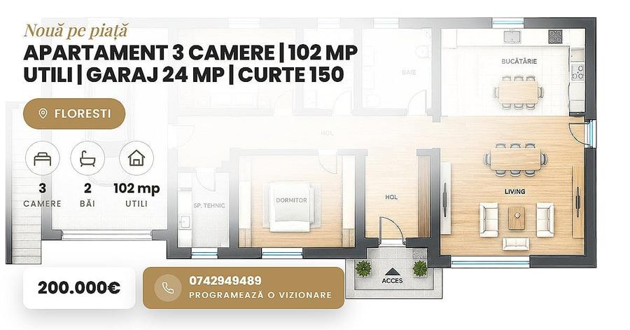 Apartament cu 3 camere decomandat în Florești