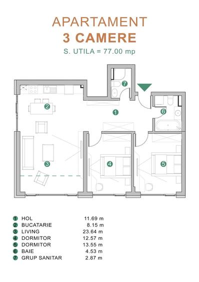 Apartament cu 3 camere în Chiajna