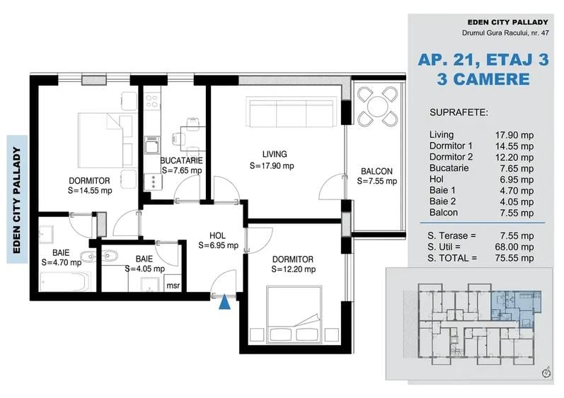 Apartament cu 3 camere decomandat în Titan