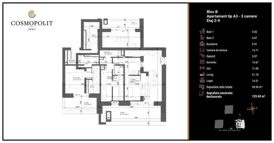 Apartament de 3 camere spa?ios - Bloc A, etaj 11 - 1