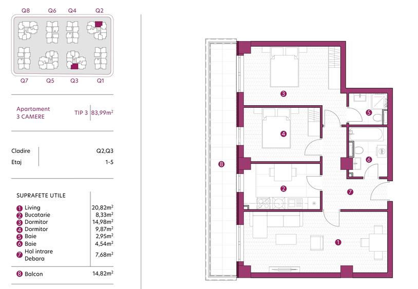 Apartament 3 camere decomandat, 84 mp, 2 bai, Kaufland Galata, tva 21% INCLUS