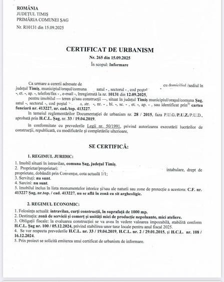 Teren intravilan - 1000 mp, Șag, județul Timiș - pt servicii,comert,productie - 2