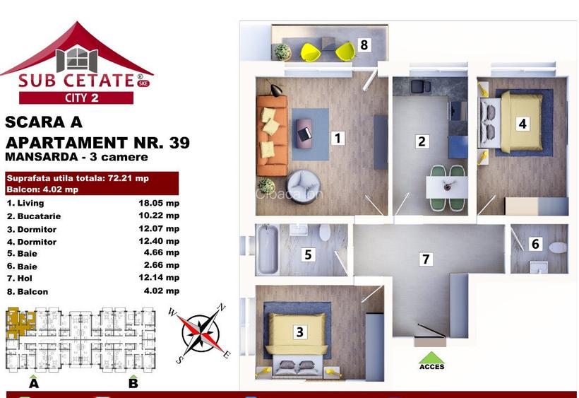Apartament cu 3 camere decomandat 72 mp + balcon prin credit bancar